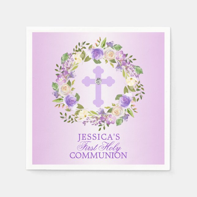Purple Watercolor Floral Girl First Holy Communion Napkin (Front)