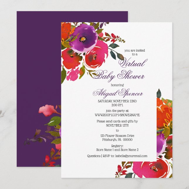 Purple Watercolor Floral Girl Virtual Baby Shower  Invitation (Front/Back)