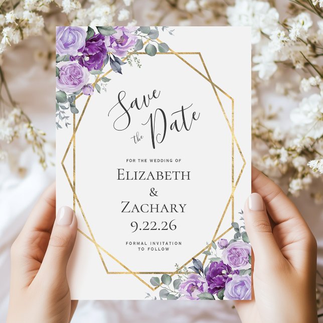 Purple Watercolor Floral Gold Frame Save the Date (Creator Uploaded)