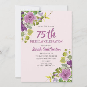 Purple Watercolor Floral Green Vines 75th Birthday Invitation