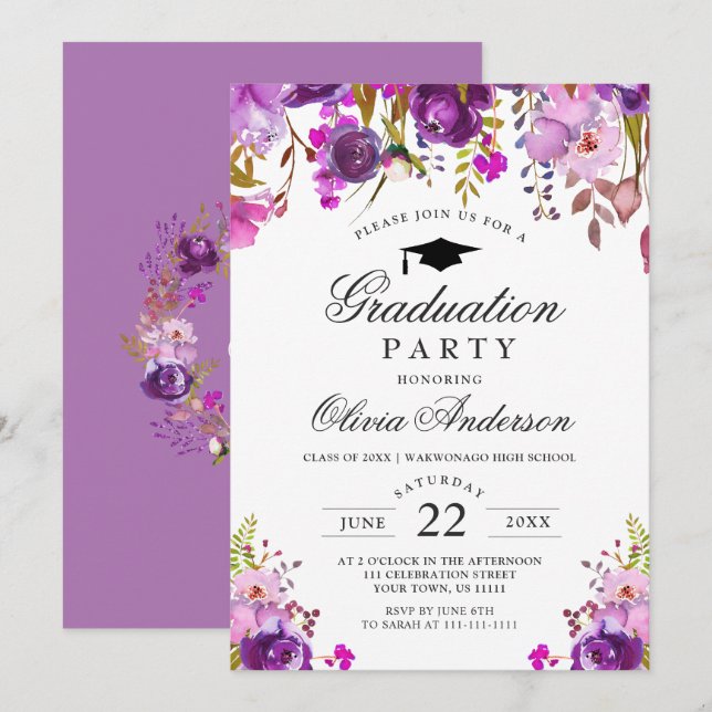 Purple Watercolor Floral Modern Graduation Party Invitation (Front/Back)