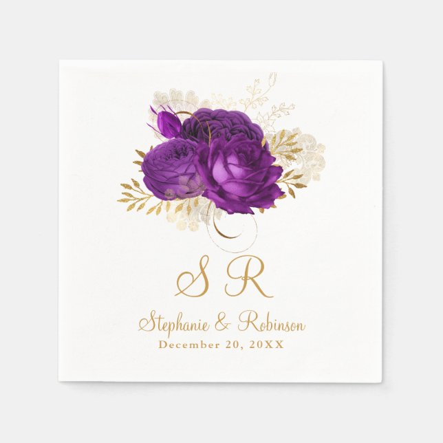 Purple Watercolor Floral Monogram Wedding Paper  Napkin (Front)