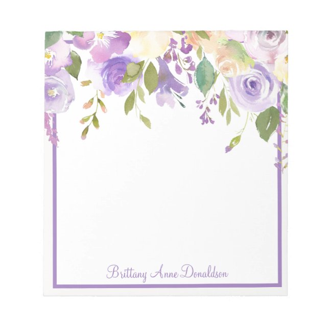 Purple Watercolor Floral Name Personalise Notepad (Front)
