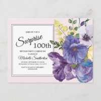 Purple Watercolor Floral on Pink 100th Birthday