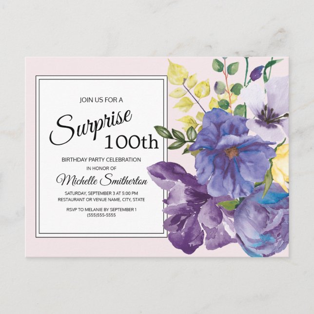 Purple Watercolor Floral on Pink 100th Birthday Postcard (Front)