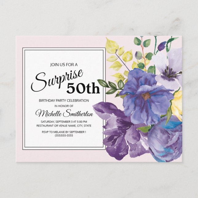 Purple Watercolor Floral on Pink 50th Birthday Postcard (Front)