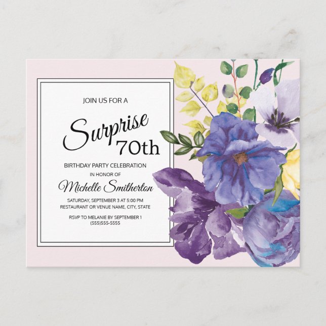 Purple Watercolor Floral on Pink 70th Birthday Postcard (Front)
