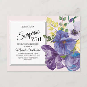 Purple Watercolor Floral on Pink 75th Birthday Postcard
