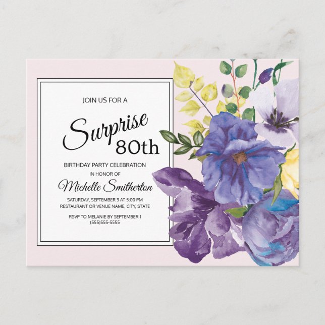 Purple Watercolor Floral on Pink 80th Birthday Postcard (Front)