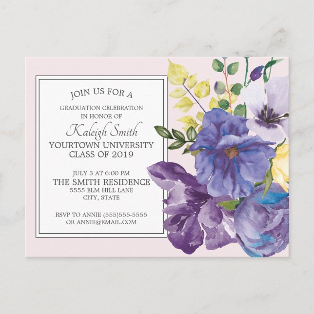 Purple Watercolor Floral on Pink Graduation Party Postcard (Front)