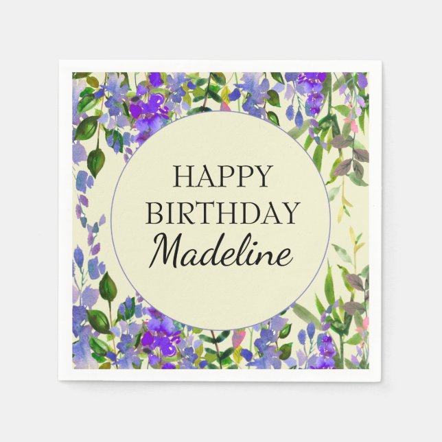 Purple Watercolor Floral on Yellow Birthday Party Napkin (Front)