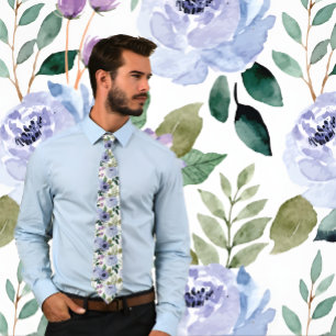 Purple Watercolor Floral Pattern on White, Wedding Tie