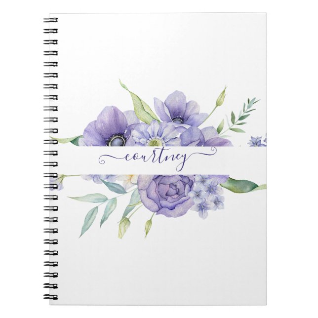 Purple watercolor floral personalised   notebook (Front)
