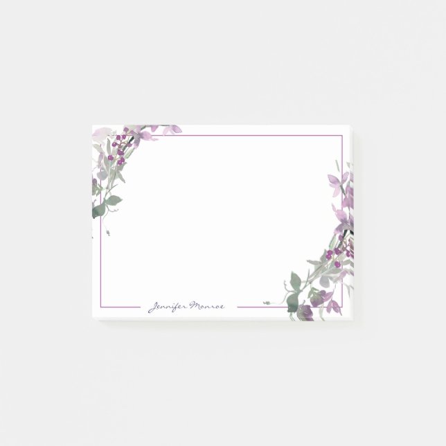 Purple watercolor floral personalised post-it notes (Front)