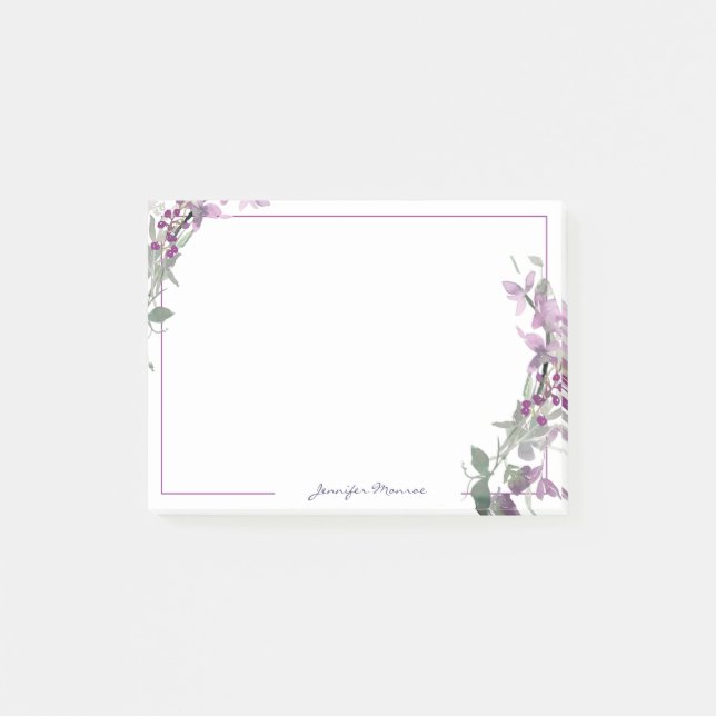 Purple watercolor floral personalised post-it notes (Front)