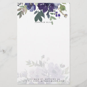 Purple watercolor floral personalised stationery