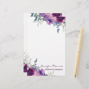 Purple watercolor floral personalised stationery