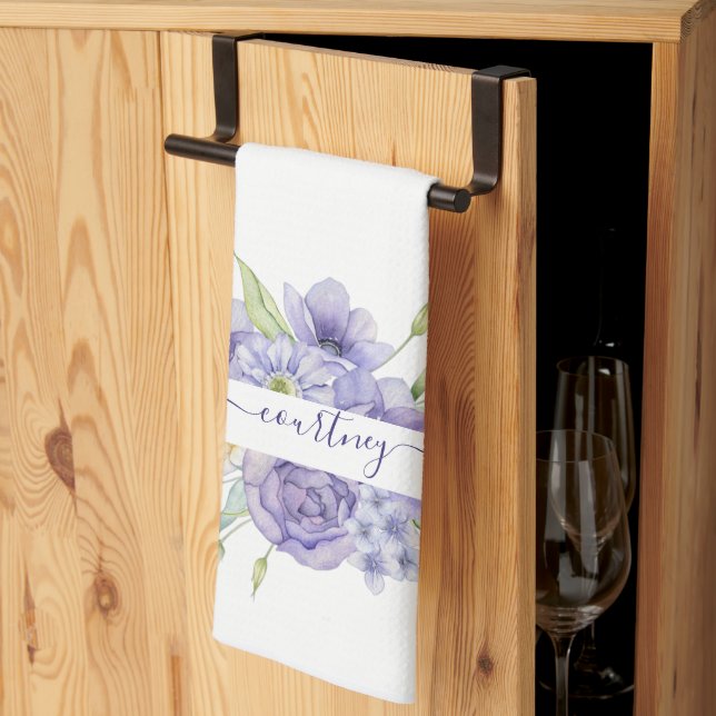 Purple watercolor floral personalised   tea towel (Thirds Fold)