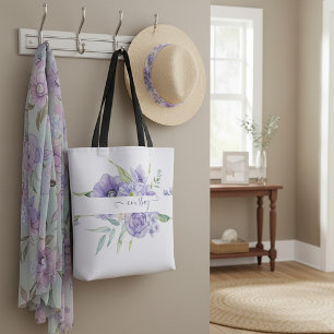 Purple watercolor floral personalised   tote bag