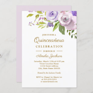 Purple Watercolor Floral Quinceanera Invitation