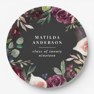 Purple watercolor floral + script graduation day paper plate