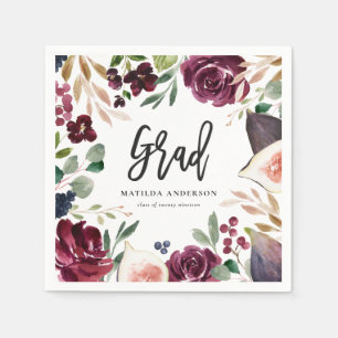 Purple watercolor floral + script graduation party napkin