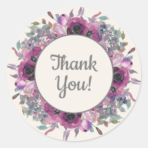 Purple Watercolor Floral Script Thank You Classic Round Sticker