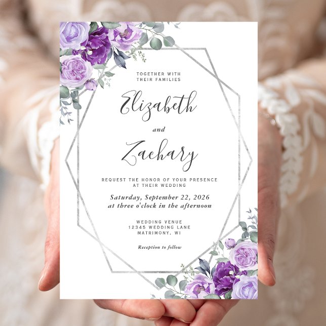 Purple Watercolor Floral Silver Frame Wedding Invitation (Creator Uploaded)
