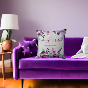 Purple Watercolor Floral & Silver Glitter Wedding Cushion