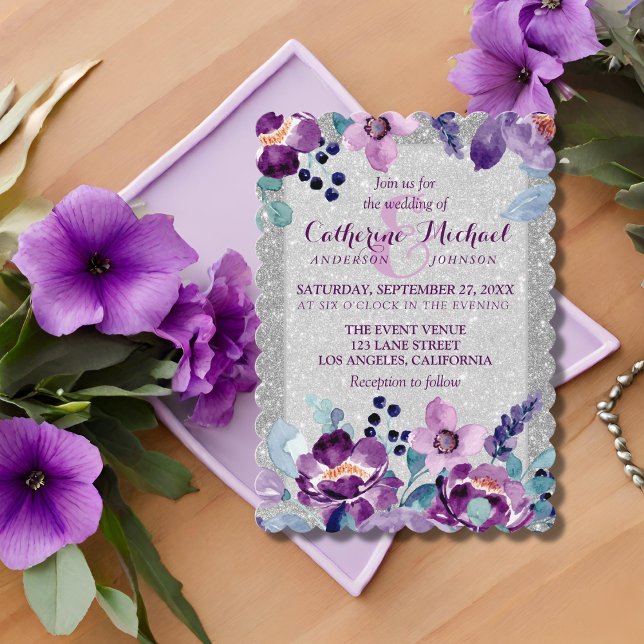 Purple Watercolor Floral & Silver Glitter Wedding Invitation (Creator Uploaded)