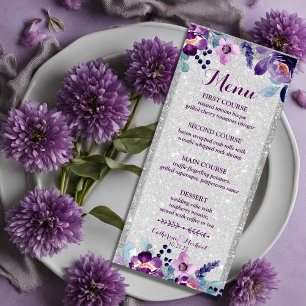 Purple Watercolor Floral & Silver Glitter Wedding Menu