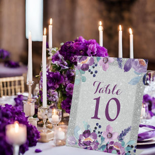 Purple Watercolor Floral & Silver Glitter Wedding Pedestal Sign