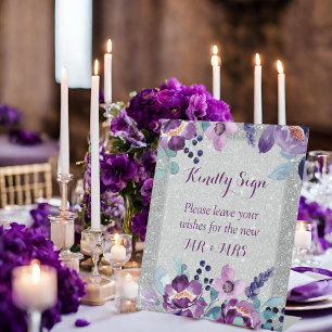 Purple Watercolor Floral & Silver Glitter Wedding Pedestal Sign