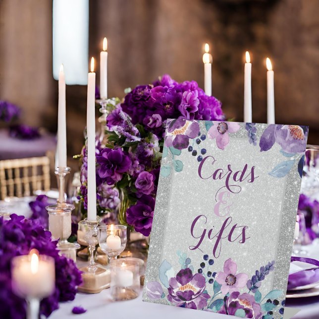 Purple Watercolor Floral & Silver Glitter Wedding Pedestal Sign (Creator Uploaded)