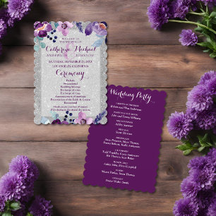 Purple Watercolor Floral & Silver Glitter Wedding Programme