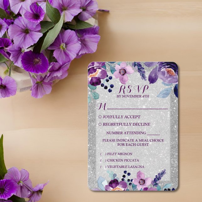 Purple Watercolor Floral & Silver Glitter Wedding RSVP Card (Creator Uploaded)