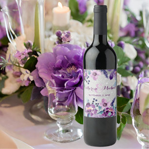 Purple Watercolor Floral & Silver Glitter Wedding Wine Label