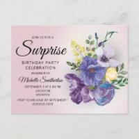 Purple Watercolor Floral Surprise Pink Birthday