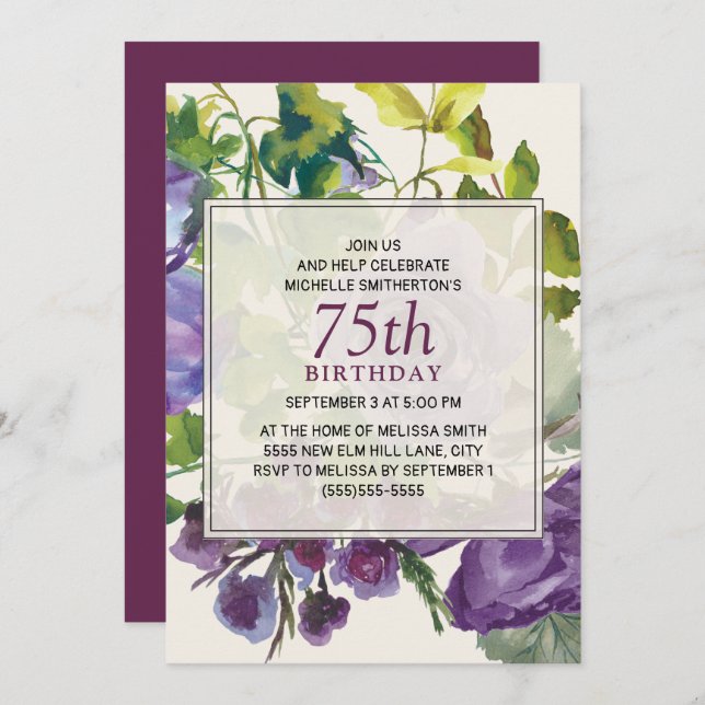 Purple Watercolor Floral Vines 75th Birthday  Invitation (Front/Back)