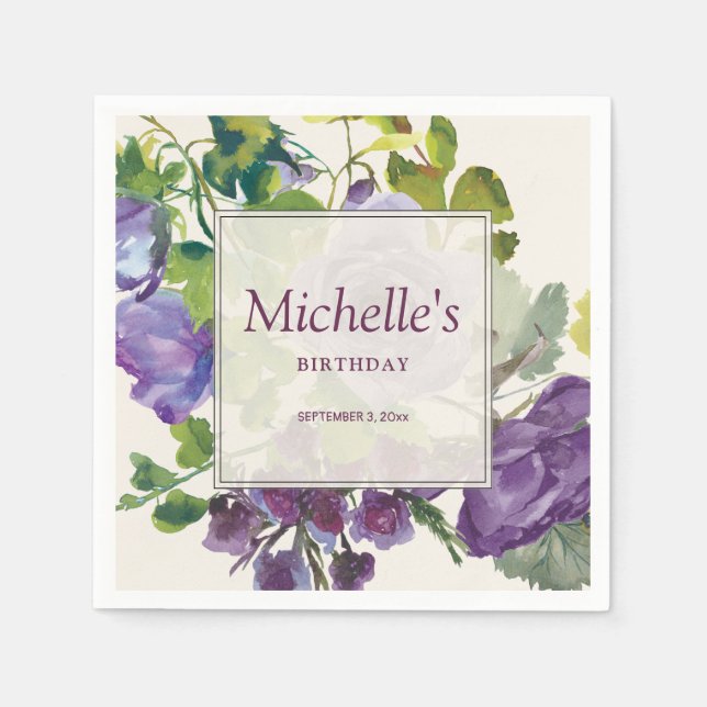Purple Watercolor Floral Vines Birthday Name Date Napkin (Front)