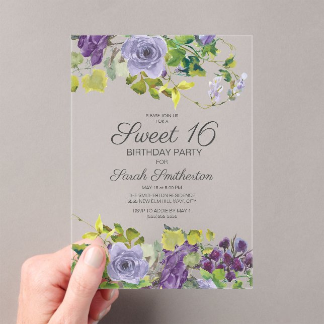 Purple Watercolor Floral Vines Sweet 16 Acrylic Invitations (Insitu (Handheld))
