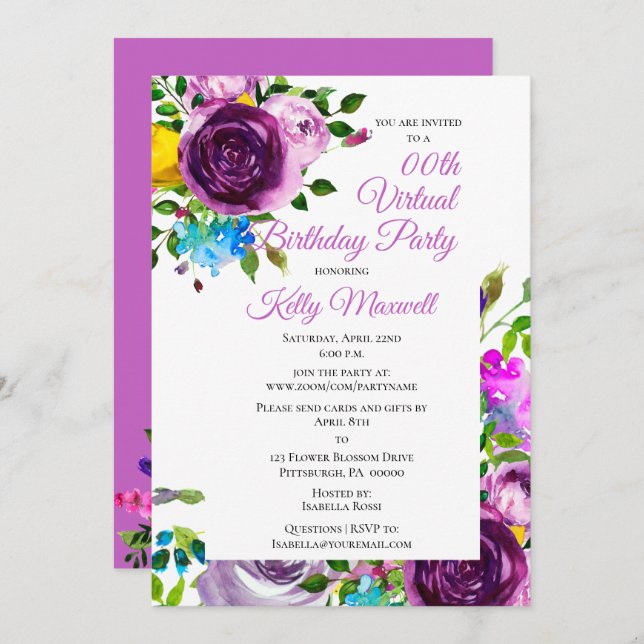 Purple Watercolor Floral Virtual Birthday Party Invitation (Front/Back)