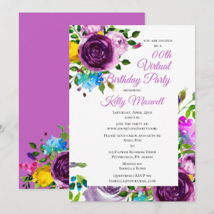 Purple Watercolor Floral Virtual Birthday Party Invitation