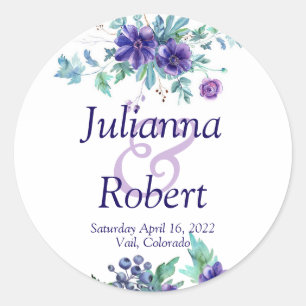 Purple watercolor floral wedding classic round sti sticker