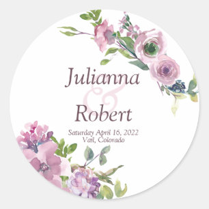 Purple watercolor floral wedding classic round sti sticker