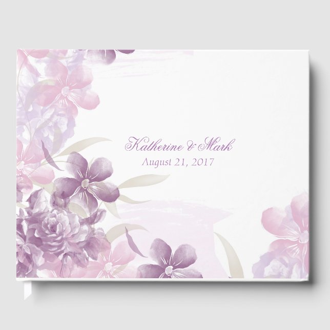 Purple Watercolor Floral Wedding Guest Book (Front)