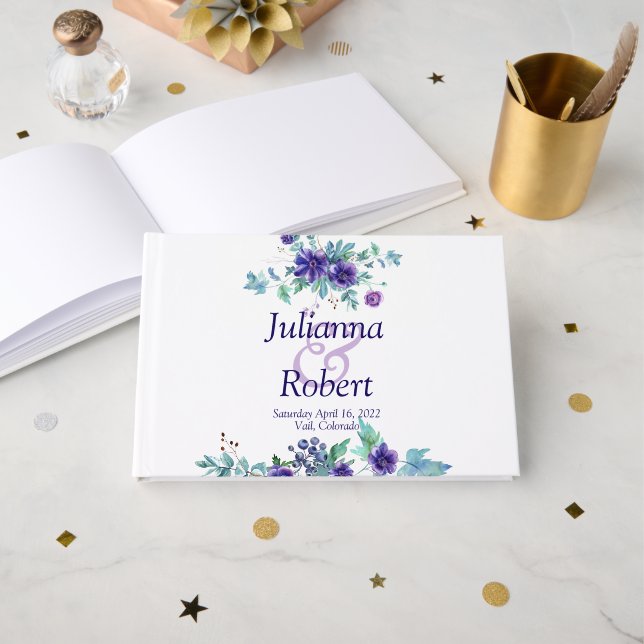 Purple watercolor floral wedding  guest book (Front Open)