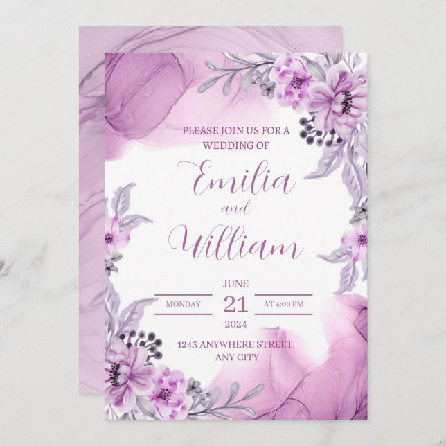 Purple Watercolor Floral Wedding Invitation (Front/Back)