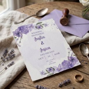 Purple Watercolor Floral Wedding Invitation