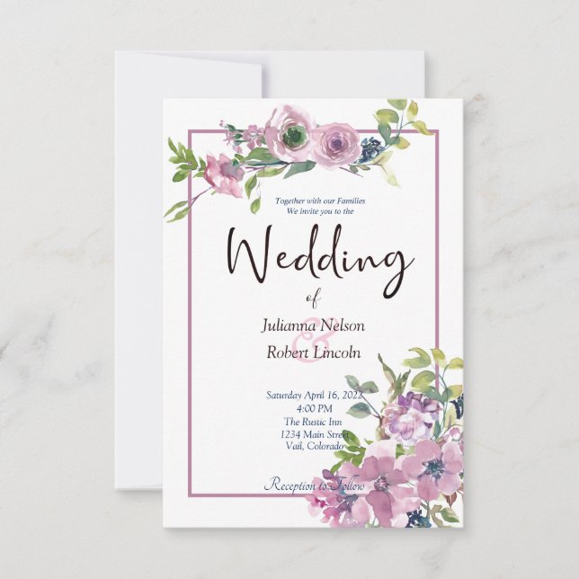 Purple watercolor floral wedding invitation (Front)
